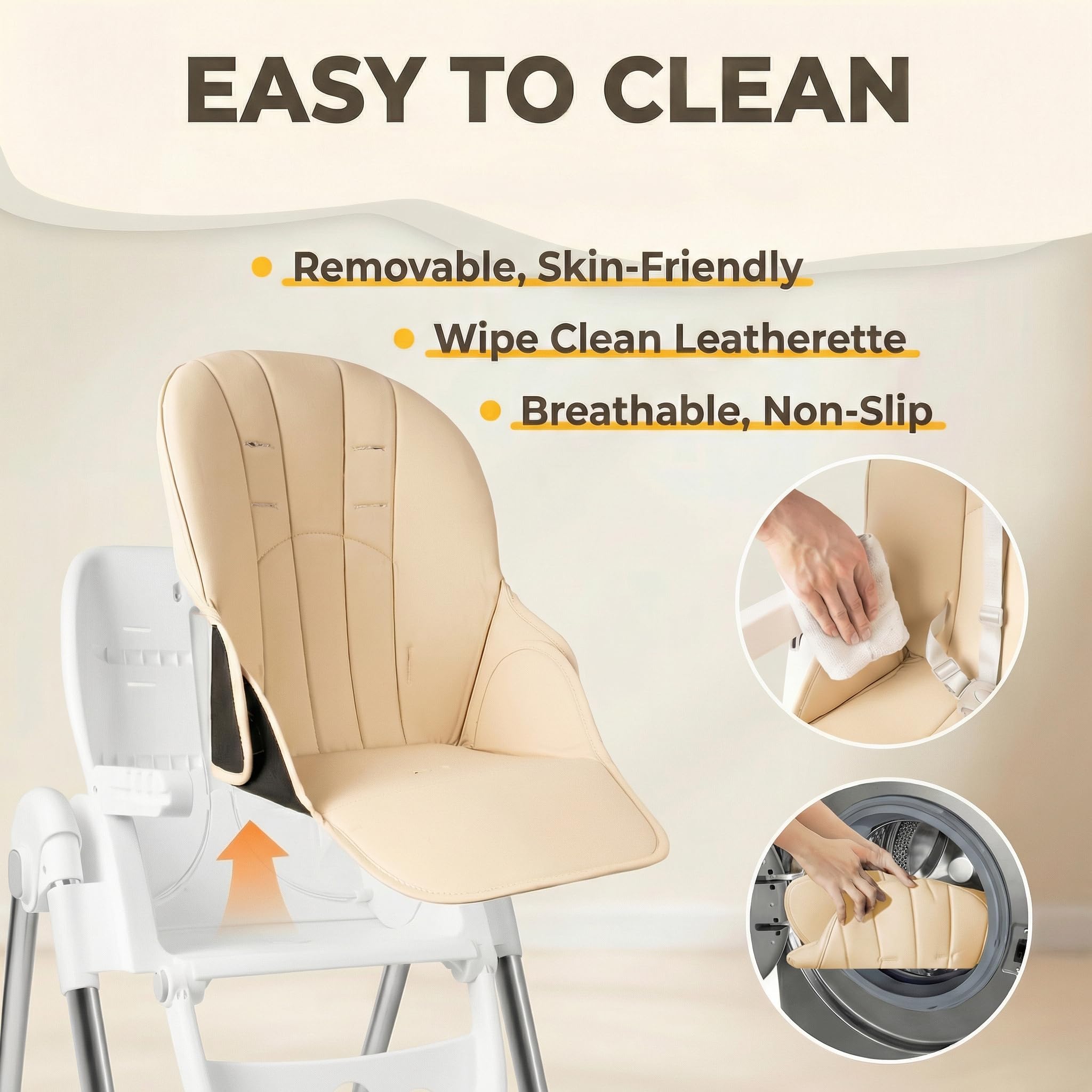 Chaise Haute Bébé, Chaise Haute Bébé Évolutive et Pliable, Hauteur Réglable Chaise Enfant, Dossier Inclinable 4 Positions, Repose-Pieds Ajustable, Harnais 5 Points,avec Coussin, Beige