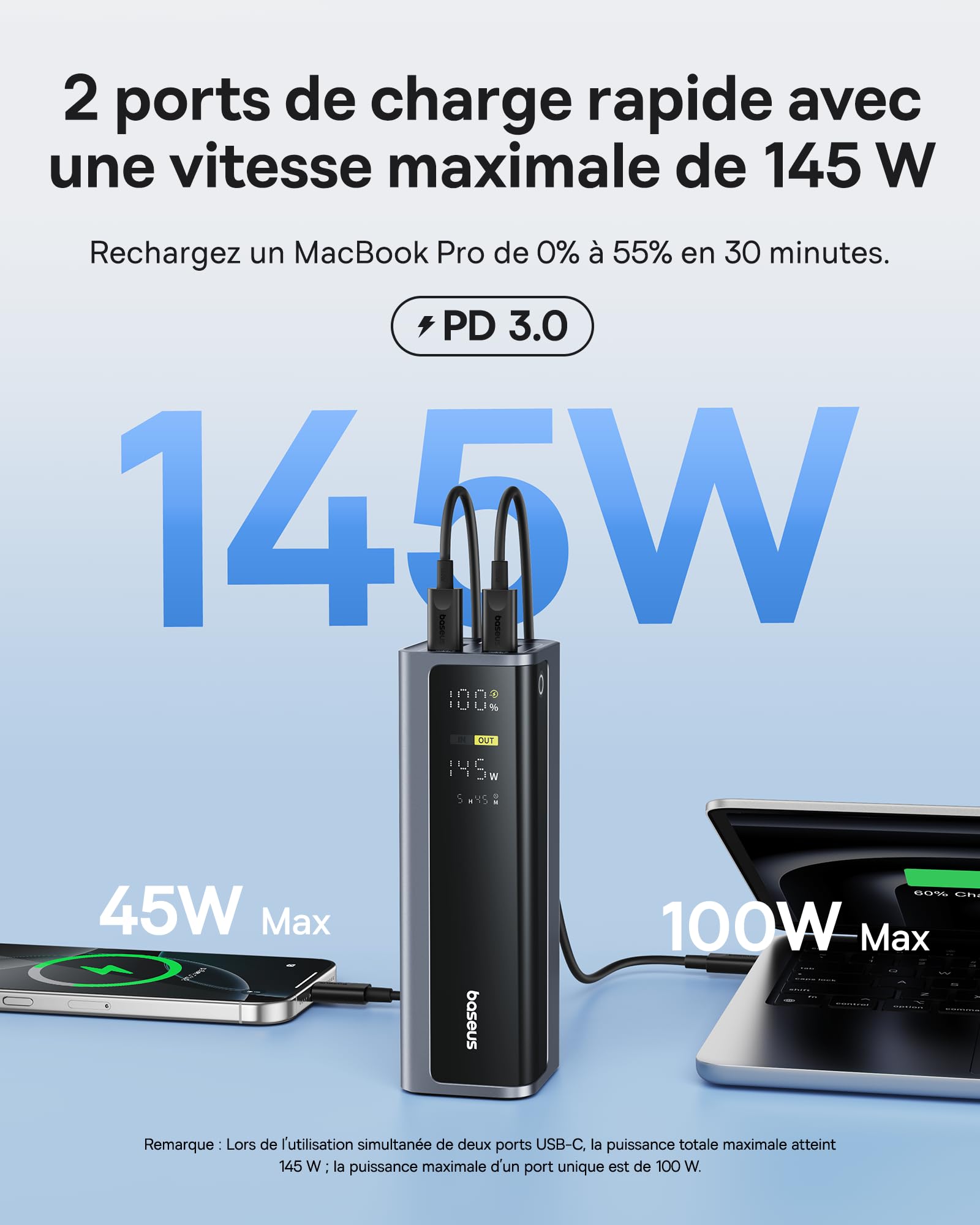 Baseus EnerGeek Powerbank 145W 20800mAh, Batterie Externe Charge Rapide avec 2X USB-C PD 3.0 100W Max, Affichage Intelligent, Compatible avec MacBook Pro, Dell, HP, SteamDeck, iPhone 16/15/14, Samsung