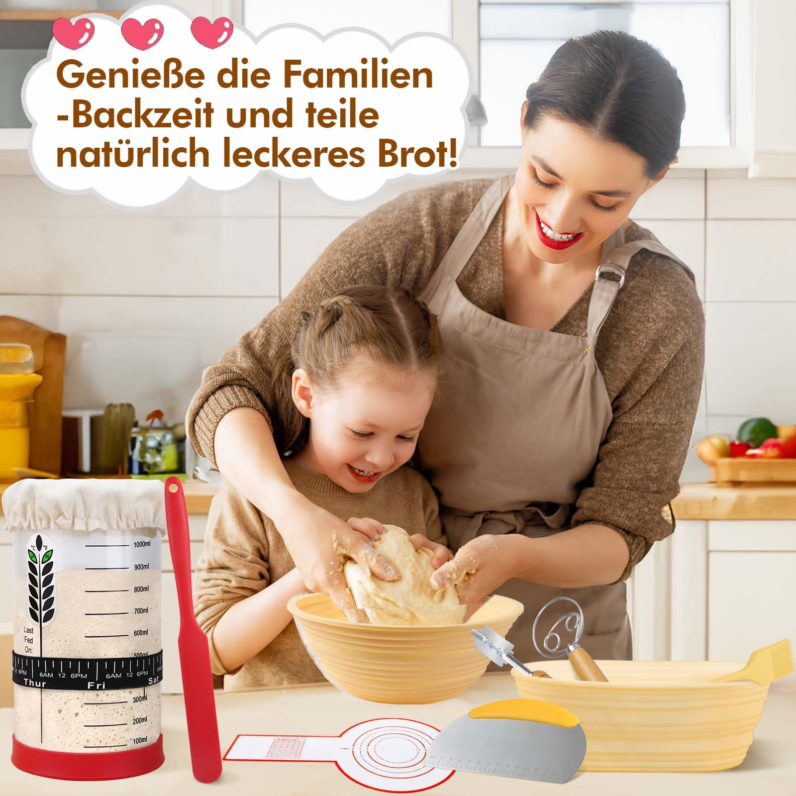 BakeEase Sauerteig-Set für Anfänger, 1200ml Sauerteigglas, 2 Gärkörbchen aus Silikon, Thermometer, Fütterungstracker, Sauerteigrezept, Dutch Oven Sling, Schaber, 18-teiliges Sauerteig-Starter-Set