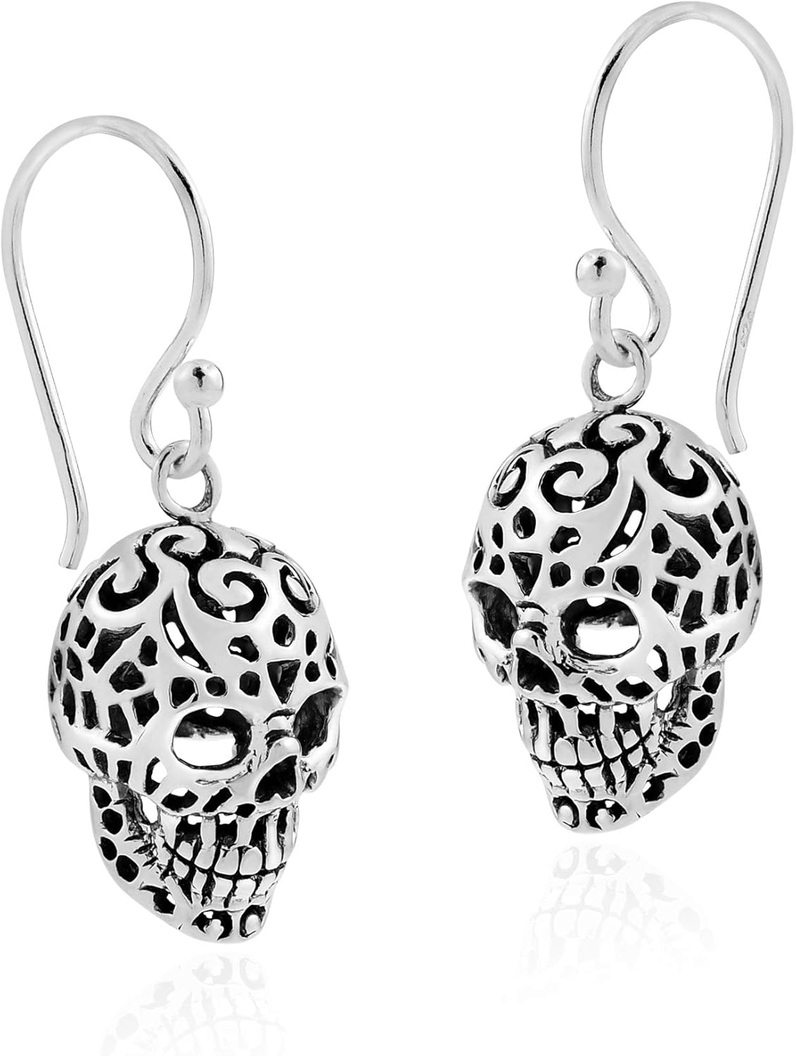 AeraVida Menacing Tattooed Skull with a Unique Pattern .925 Sterling Silver Dangle Earrings | Edgy Skull Design Earrings for Men and Women | Sterling Silver Gothic Jewelry