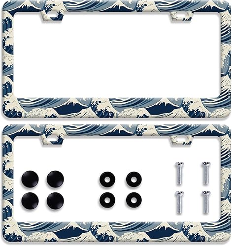 2 unidades marcos de matrícula con patrón tradicional de olas del océano, accesorios universales de acero inoxidable para automóvil, decoración de