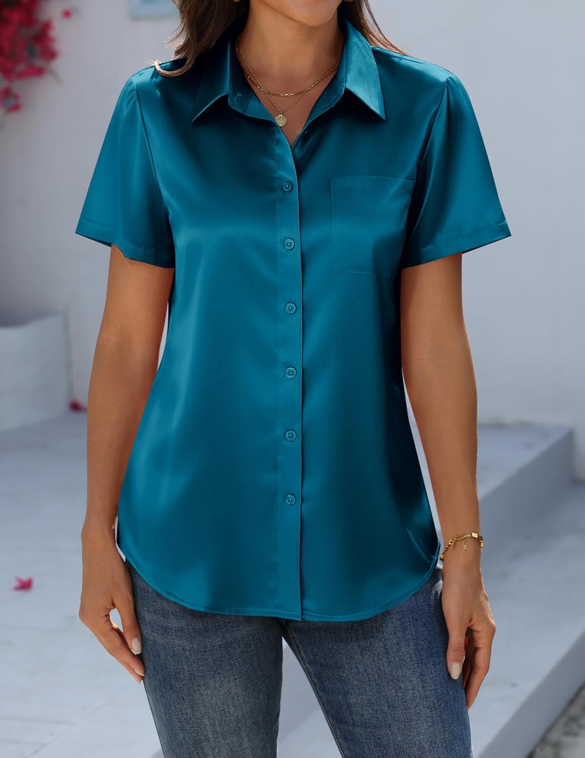 Zeagoo Satin Blouses for Women Silk Button Down Shirts Short Sleeve Business Casual Tops - Image 4