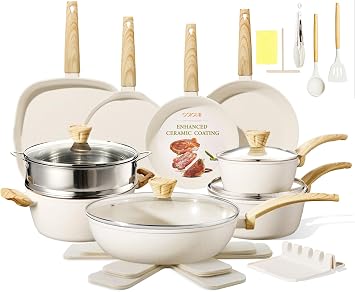 26Pcs Pots and Pans Nonstick Ceramic Cookware Set Nontoxic Kitchen Cooking Set with Steamers Utensils Induction Compatible, PFAS/PFOA Free, Oven and Dishwasher Safe, Cream White