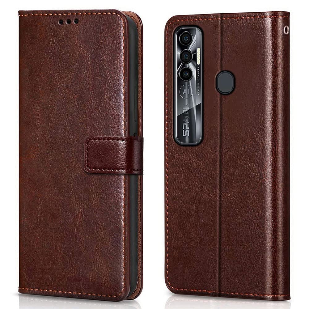 COVERNEW Leather Finish Inside TPU Wallet Stand Magnetic Closure Flip Cover for Tecno Spark 7 Pro - Executive Brown