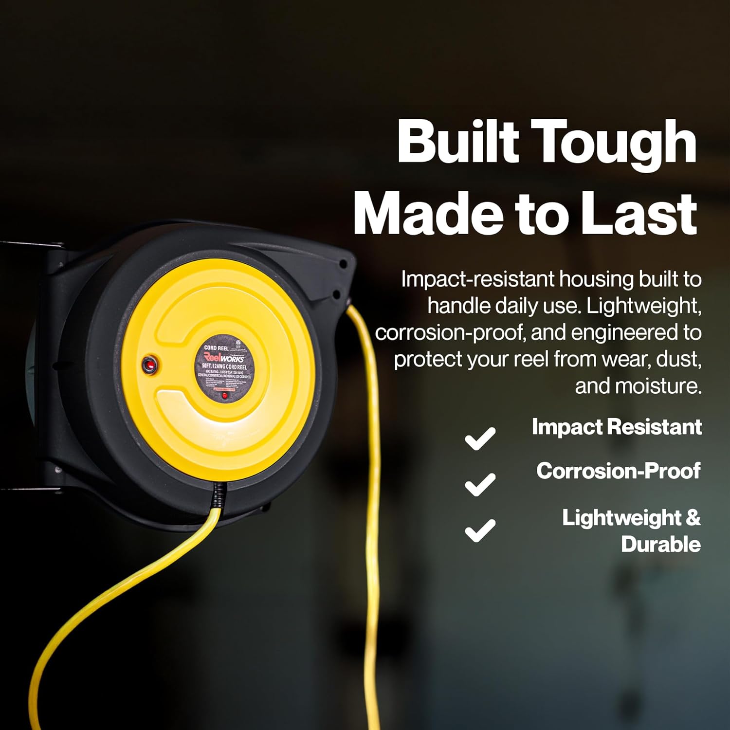 ReelWorks Extension Cord Reel Retractable 12AWG x 50' Foot 3C/SJTOW Glow Strip Cable and Lightup Triple Tap Connector Advanced Slow Retraction Technology (SRT)