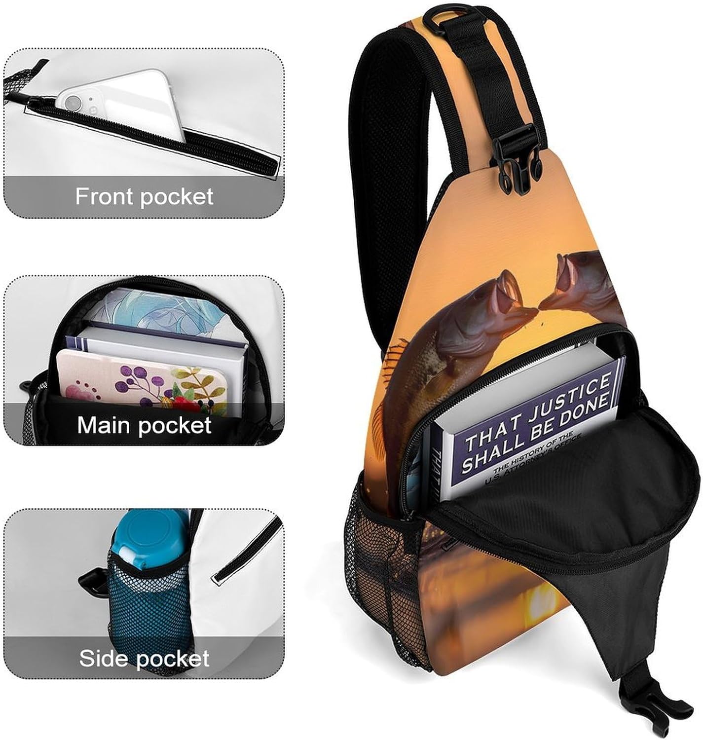 Bass Fish Fishing Men Crossbody Sling Backpack Chest Bag | Travel Fanny Pack,Hiking Daypack,Print Shoulder Bags