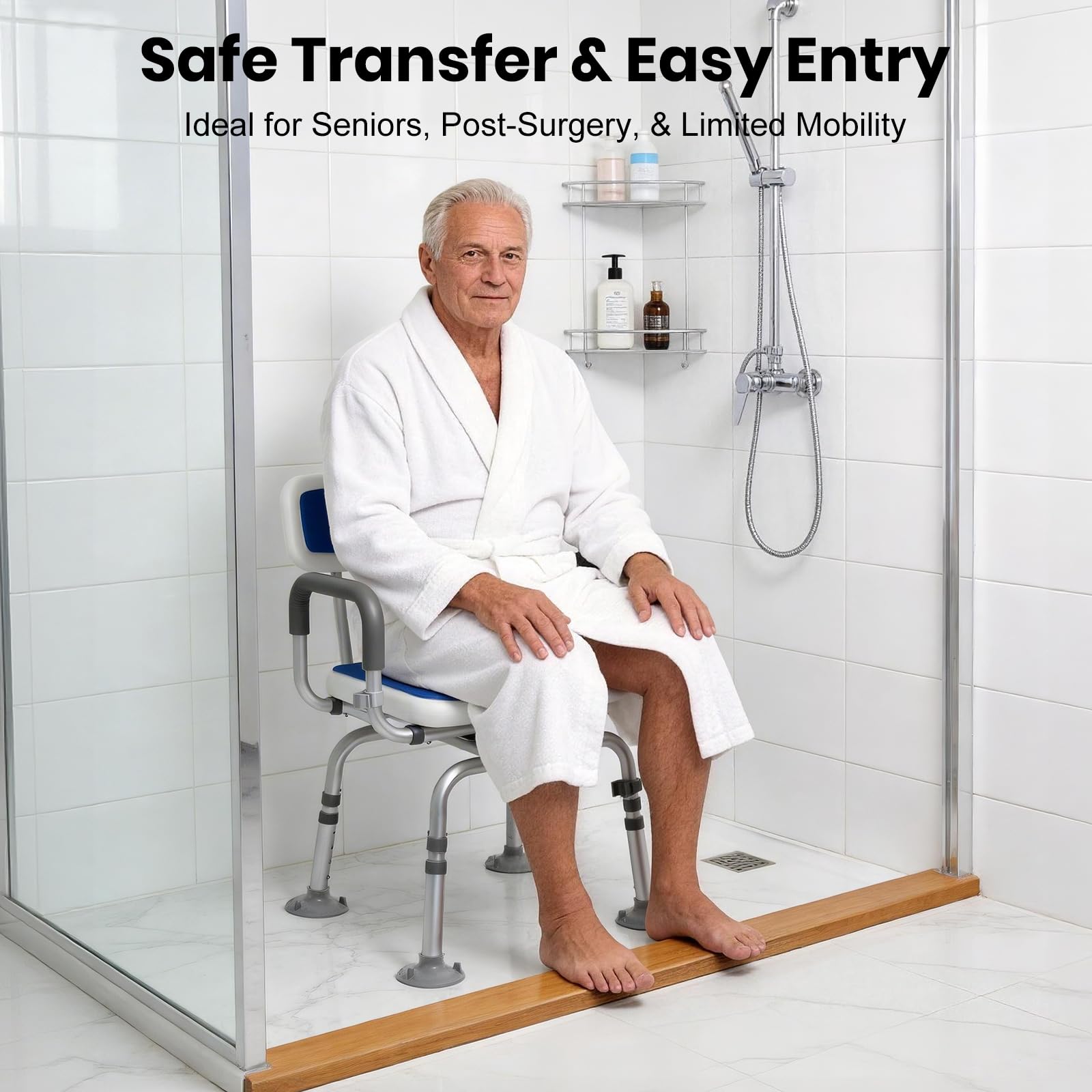 Silla de ducha giratoria con respaldo y brazos, silla de baño giratoria para discapacitados con almohadillas a prueba de frío, soporta 180 kg, montaje sin herramientas, silla de ducha giratoria para