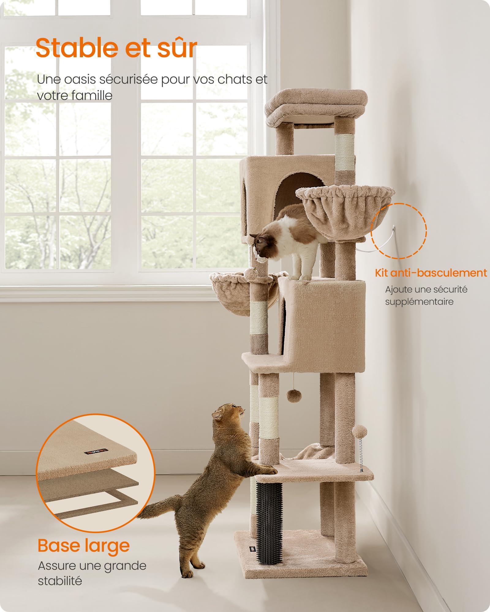 Feandrea Grand Arbre à Chat, Tour à Chat de 175 cm de Haut, Multi-Niveaux, avec 2 Niches, 2 Paniers, 5 Griffoirs, Toilettage Autonome, Perchoir, Hamac, Marron Camel PCT182K01