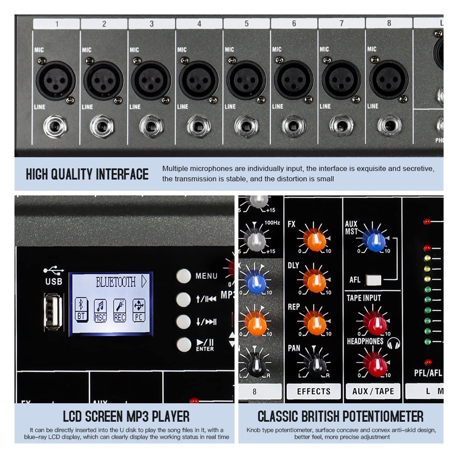 Mezclador de Audio Mezclador profesional 8 canales USB Efecto 48V Phantom Power Grabación Conferencia Etapa Fiesta Consoel