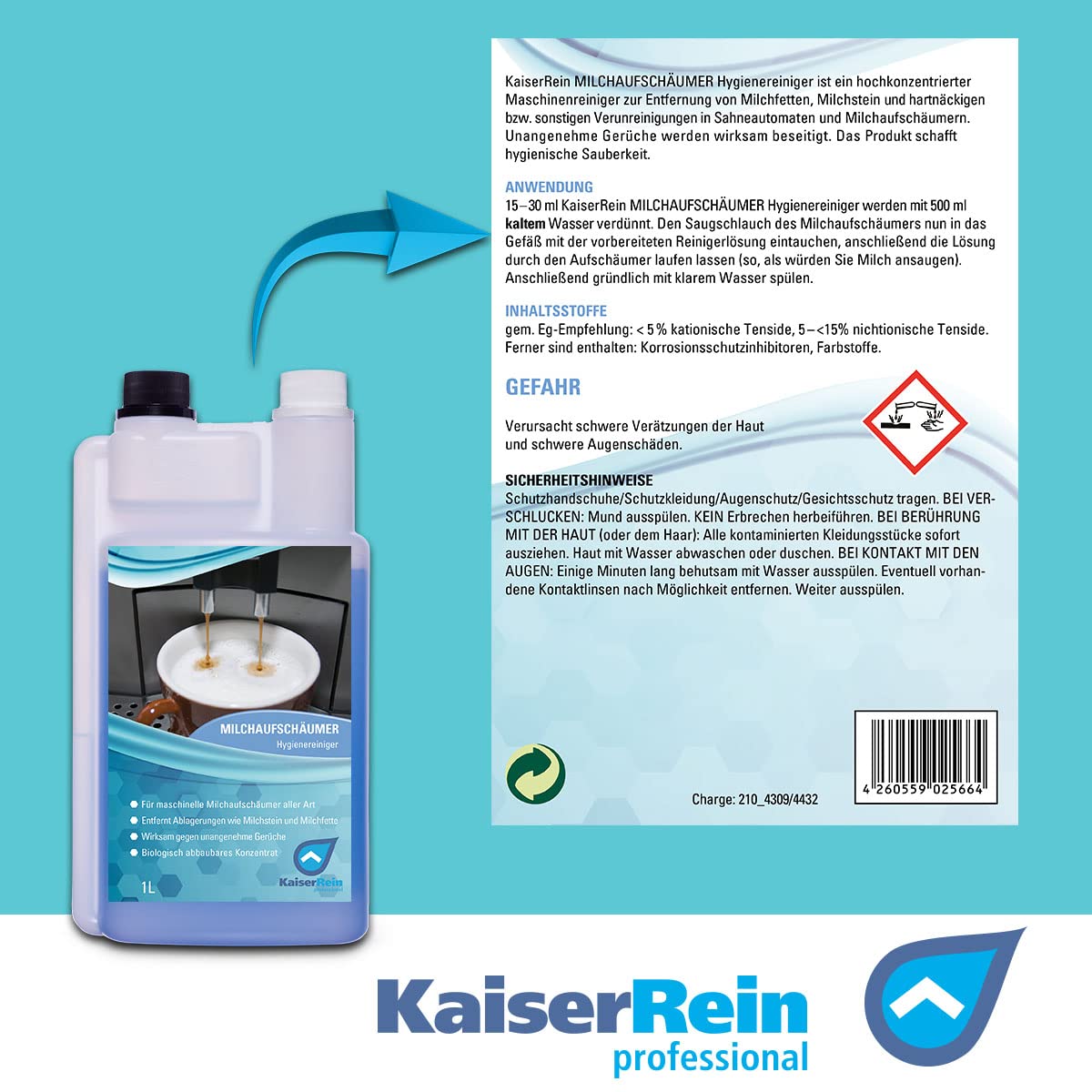 KaiserRein Milchschaum-Reiniger Konzentrat 3x1L Flüssig-Reiniger für Milchaufschäumer bis zu 66 Anwendungen pro l Flüssig Reiniger für Milchsystem & Milchleitung Milchreinigungsmittel