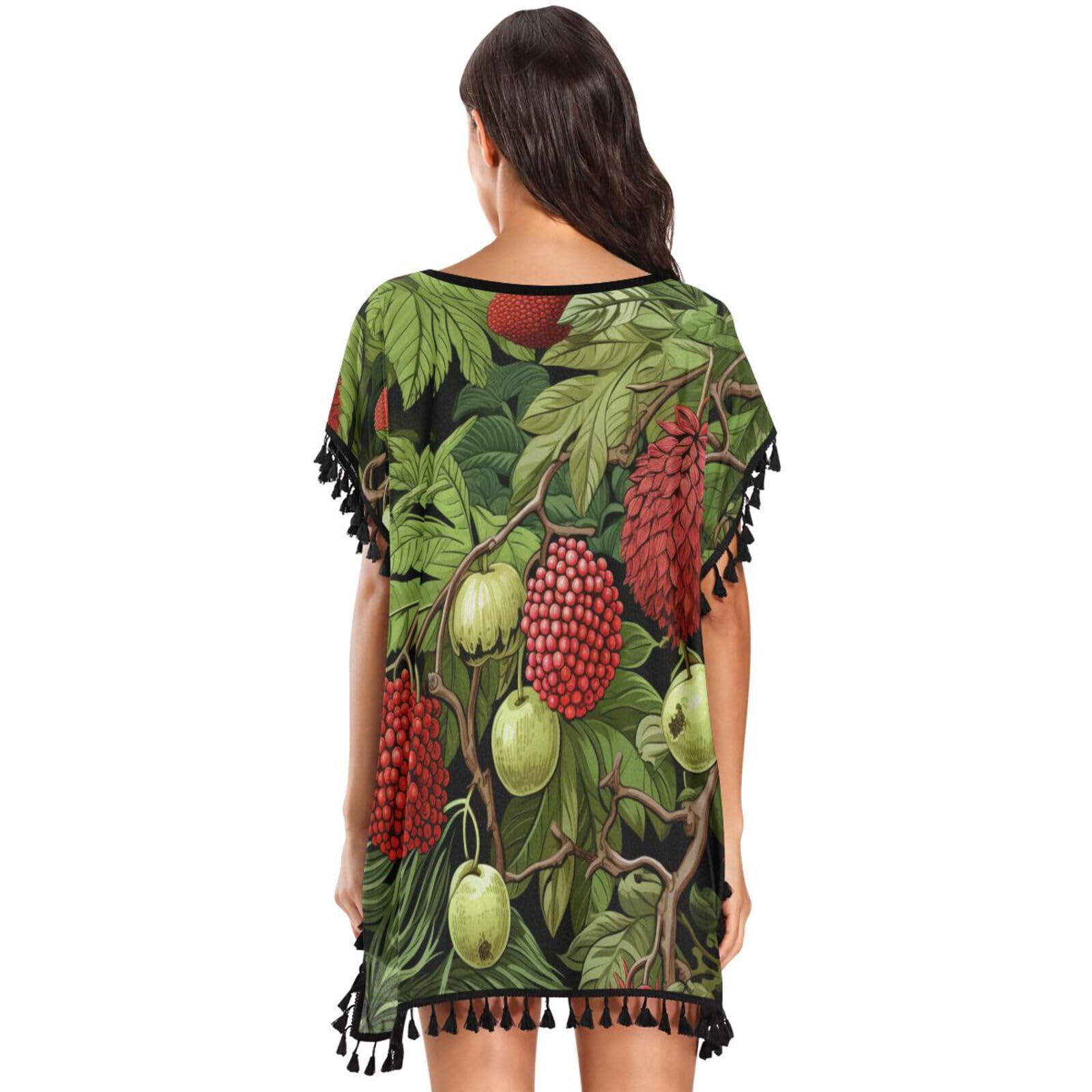 Hand Painting Red Durian Women's Beach Cover Up Chiffon Tassel Swimwear Swimsuit Coverups for Girl