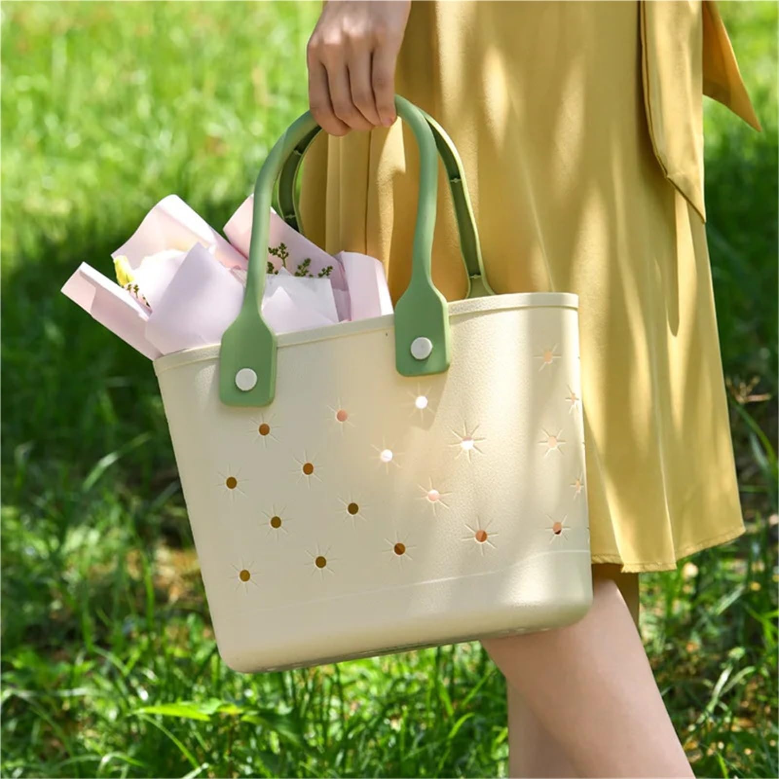 JBJYGSG Organizador de Ducha Portátil Cesta de picnic con asa portátil | Almacenamiento multiusos de material suave creativo, cesta de drenaje inferior for ducha de baño(Green)