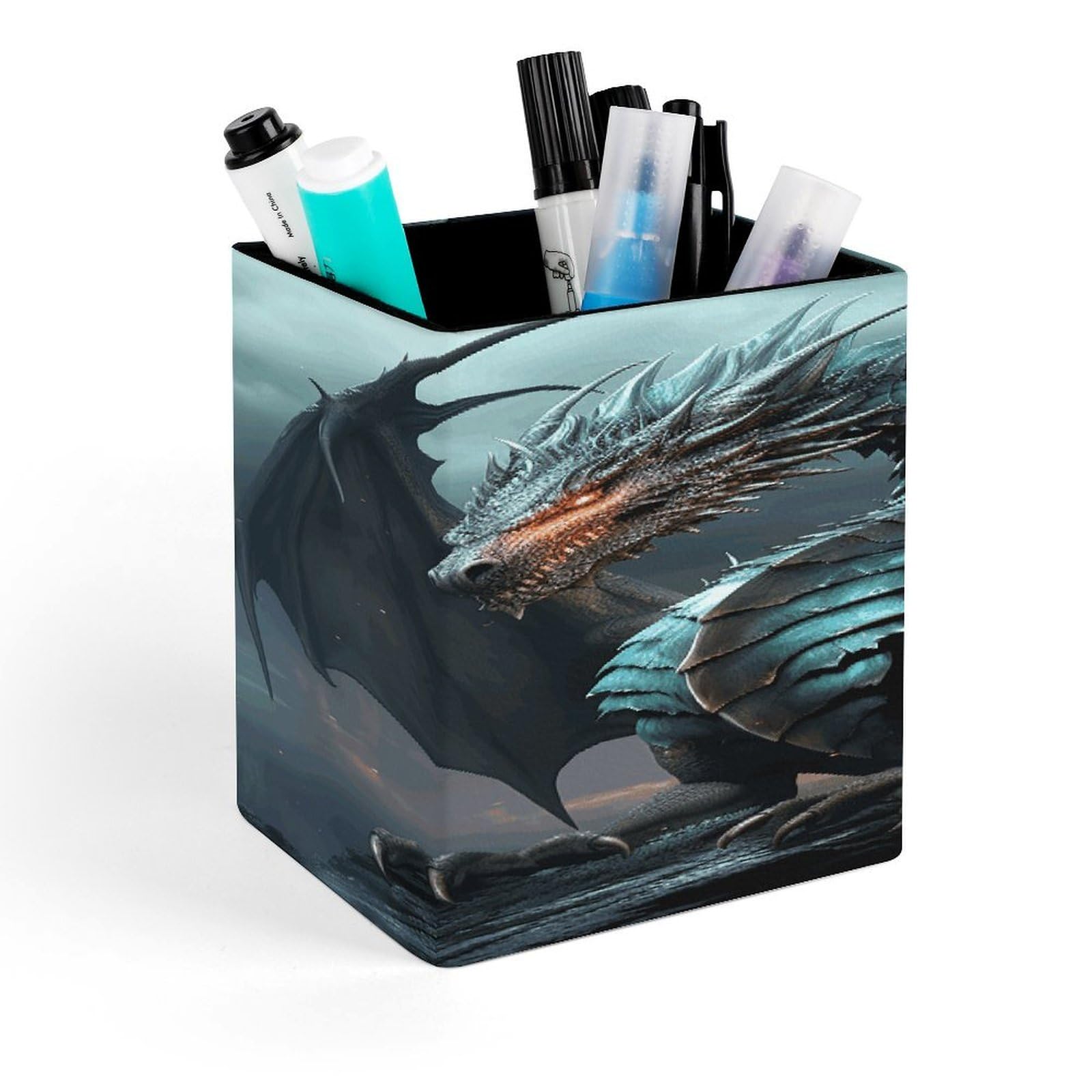 LZQPOEAS Cool Dragon Square Pen Pencil Holder PU Leather Pencil Cup Desktop Stationery Organizer Office Accessories Container