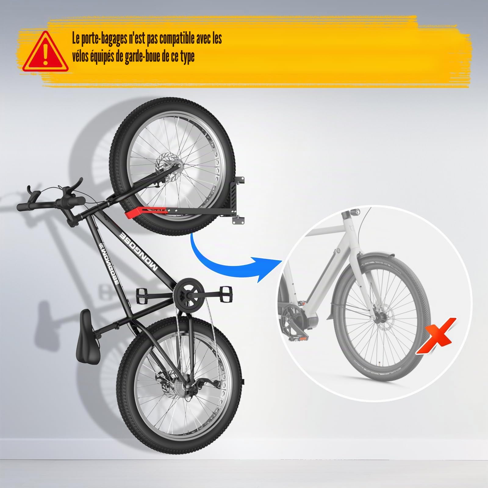 Support mural pour vélo, pivotant à 160°, de qualité supérieure, sans levage lourd, peut supporter jusqu'à 40 kg, support mural pliable réglable pour un rangement peu encombrant, convient pour les