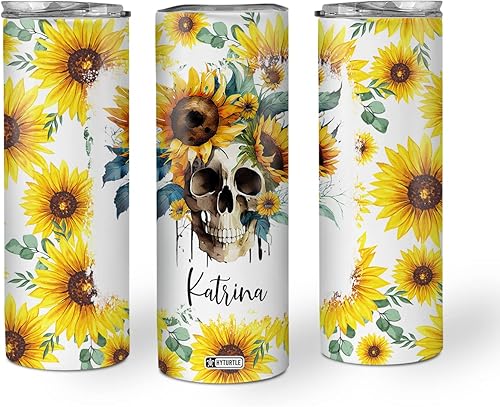 Hyturtle Vaso delgado personalizado de calavera y girasol, regalos para niñas y mujeres, regalos únicos de cumpleaños para amantes de las calaveras,
