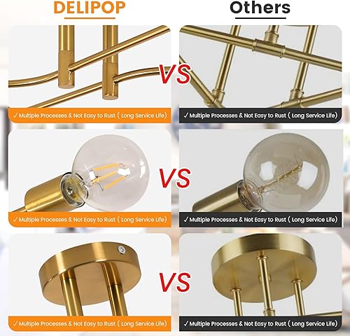 Vista 31 de DELIPOP Sputnik - Lámpara de techo Sputnik moderna de 4 luces negras y doradas, lámpara de techo E26 de metal industrial semiempotrada para Negro