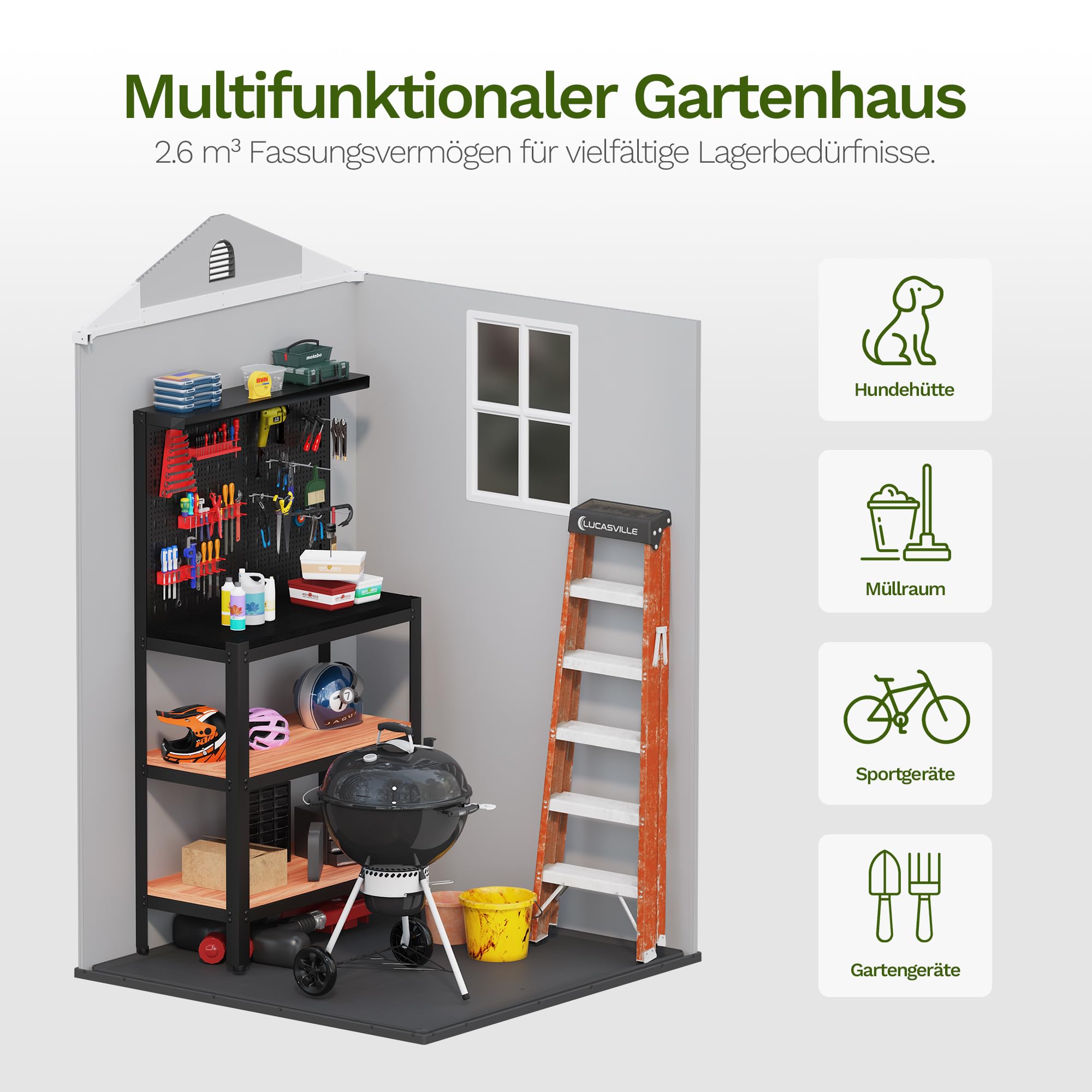 Devoko 4x4 Gartenhaus 2,3m³, Kunststoff, 116x116x195 cm Gerätehaus mit Boden, Geräteschuppen mit Abschließbar Tür und Belüftung, Draußen, Wetterfest für Garten Rasen, Hellgrau