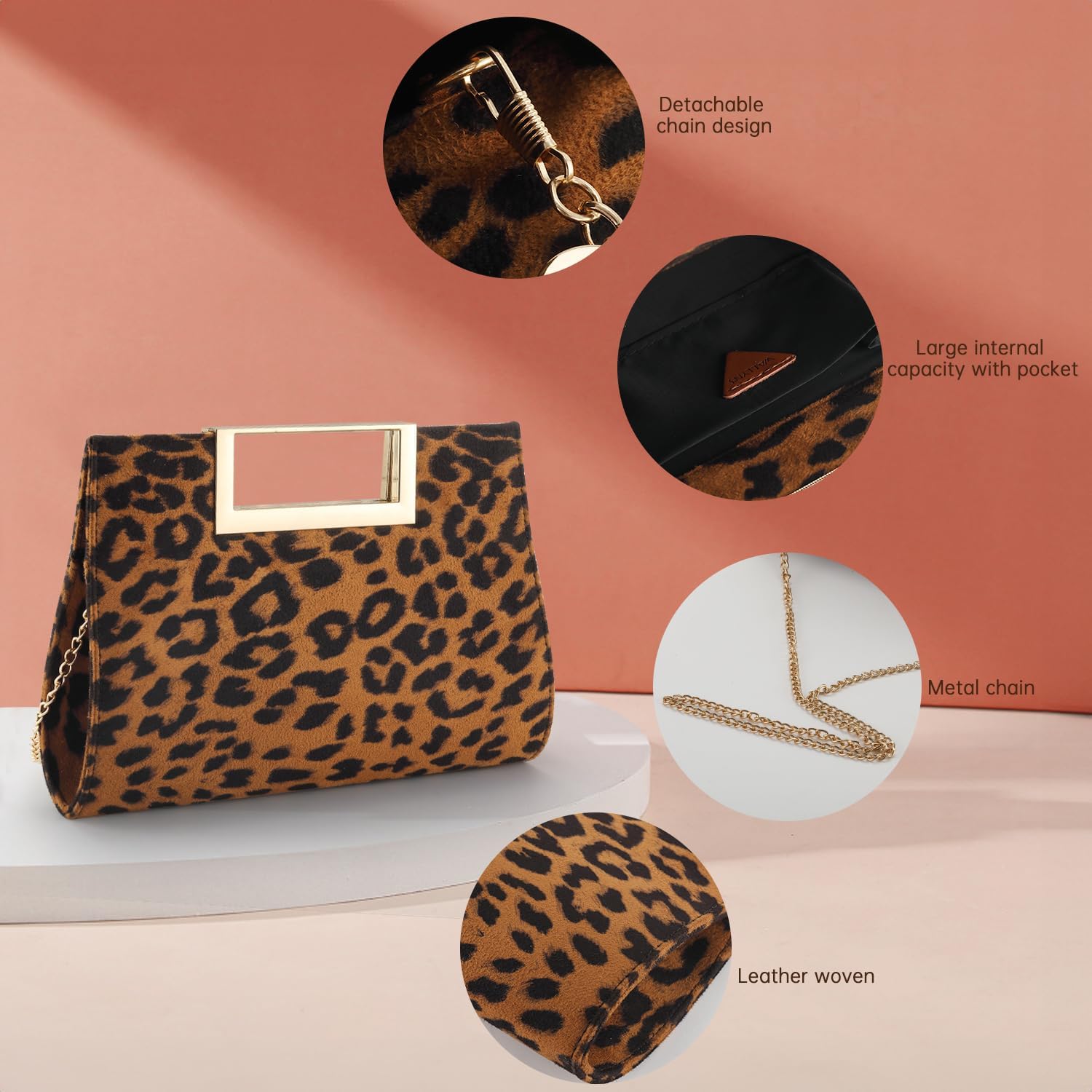 WALLYN'S Clutch Purse for Women PU Leather/Straw Evening Party Metal Grip Cut it out Handbag with Shoulder Chain Strap - Image 5