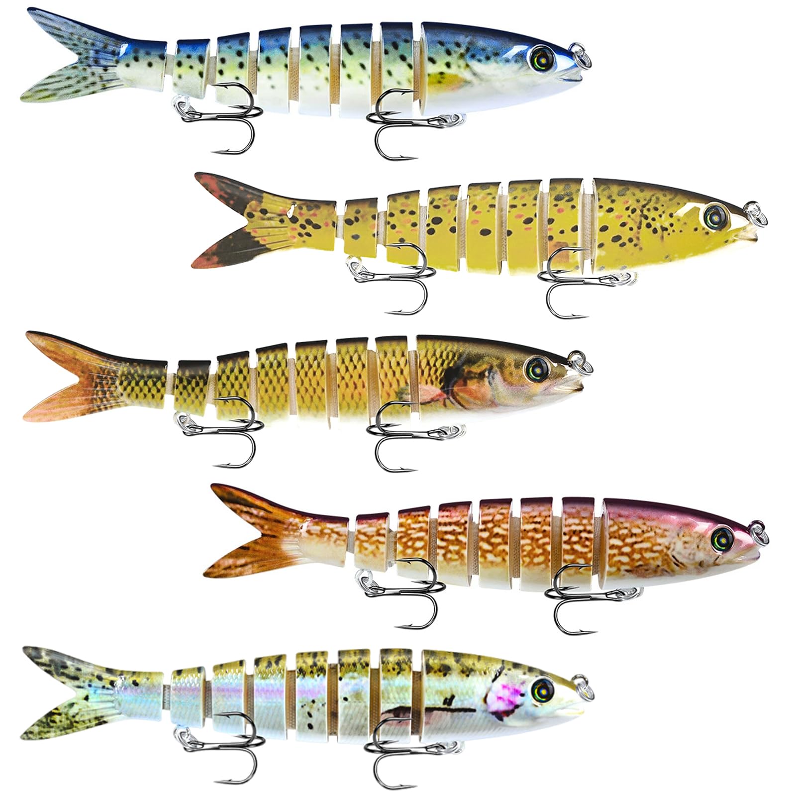 5 szt. Przynęty Wobbler na Szczupaka, Pstrąga, Okonia, Sandacza – Wielosegmentowa Pływająca Przynęta z Potrójnymi Haczykami 13,3 cm, Realistyczny Swimbait do Wody Słodkiej i Słonej z Pudełkiem