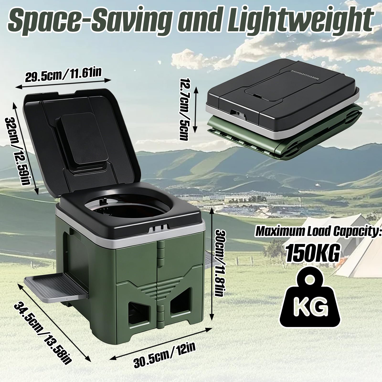 Set WC pieghevole portatile da campeggio, con porta rotolo di carta e supporto per telefono, 24 sacchetti della spazzatura, borsa organizer per campeggio, camper ed escursionismo.