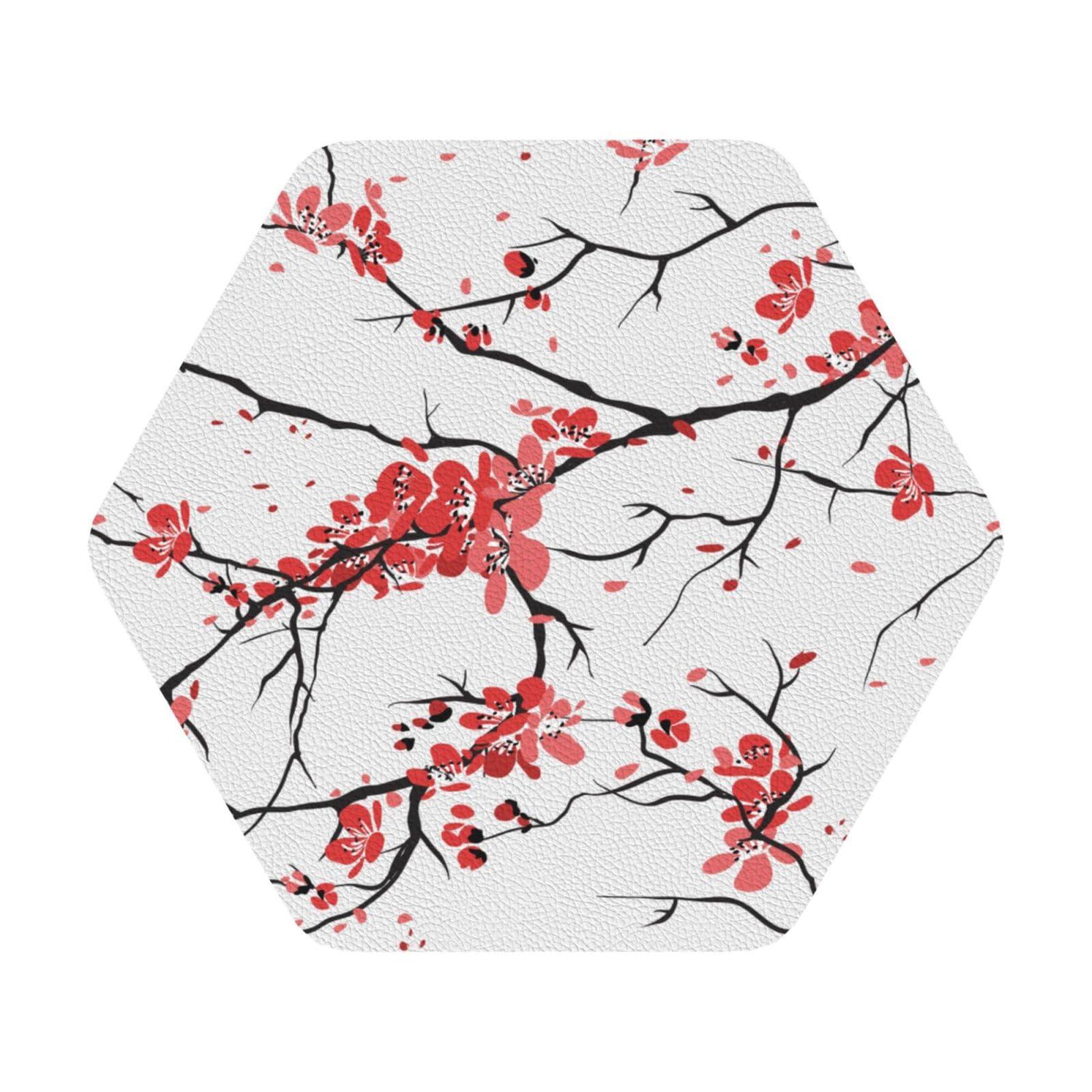 delicate cherry blossoms PU Leather Coasters Set of 6 Hexagon Drink Coasters