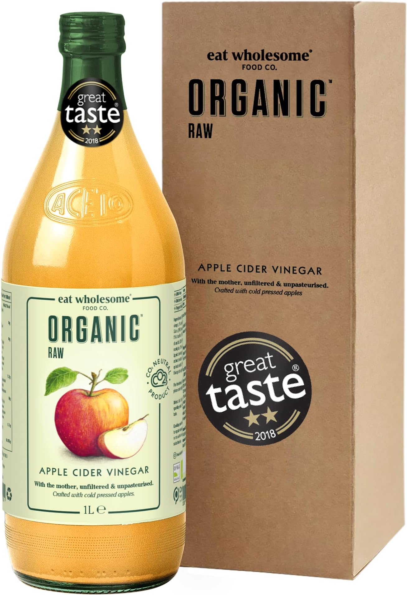 Eat Wholesome Organic Apple Cider Vinegar, 1L - Raw, Unpasteurised, Unfiltered, Award-Winning, Vegan, With The Mother, Glass Bottle in Box