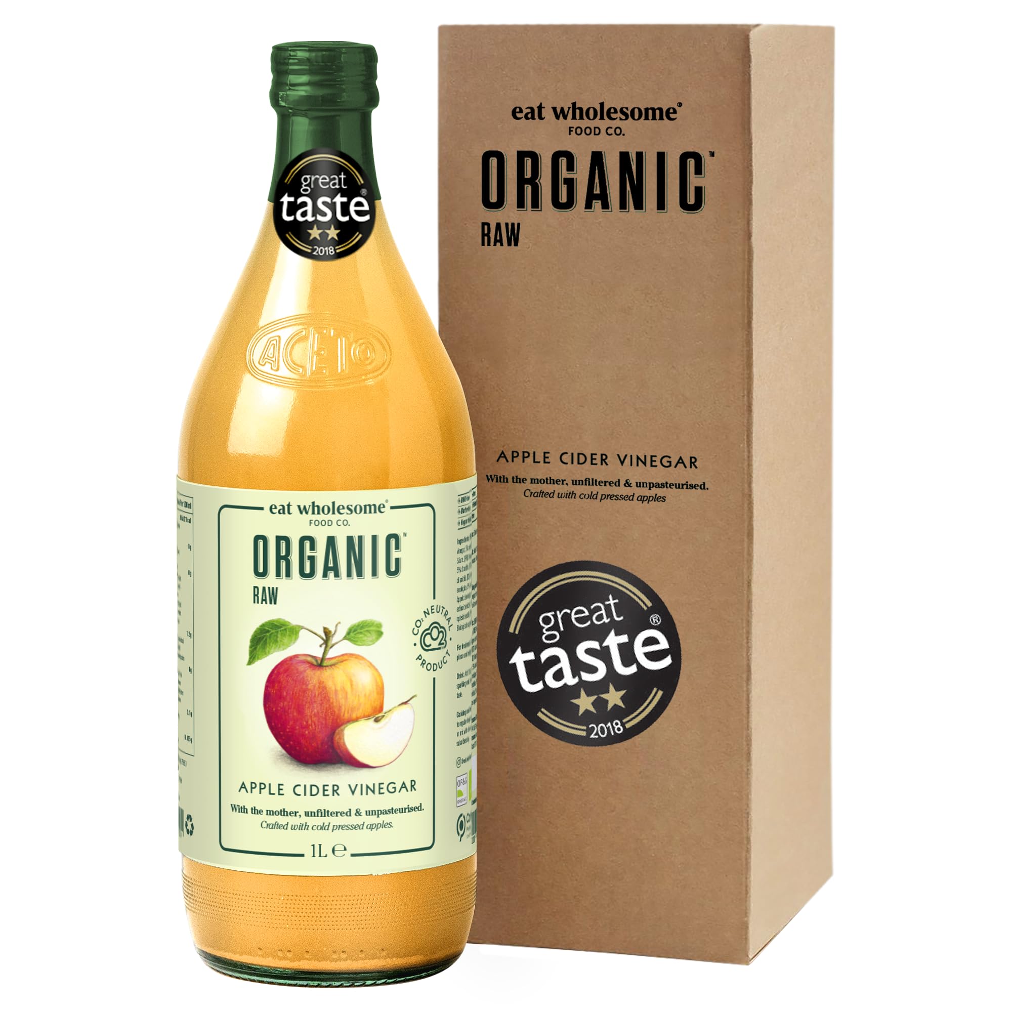Eat Wholesome Organic Apple Cider Vinegar, 1L - Raw, Unpasteurised, Unfiltered, Award-Winning, Vegan, With The Mother, Glass Bottle in Box, CO2 Neutral Packaging