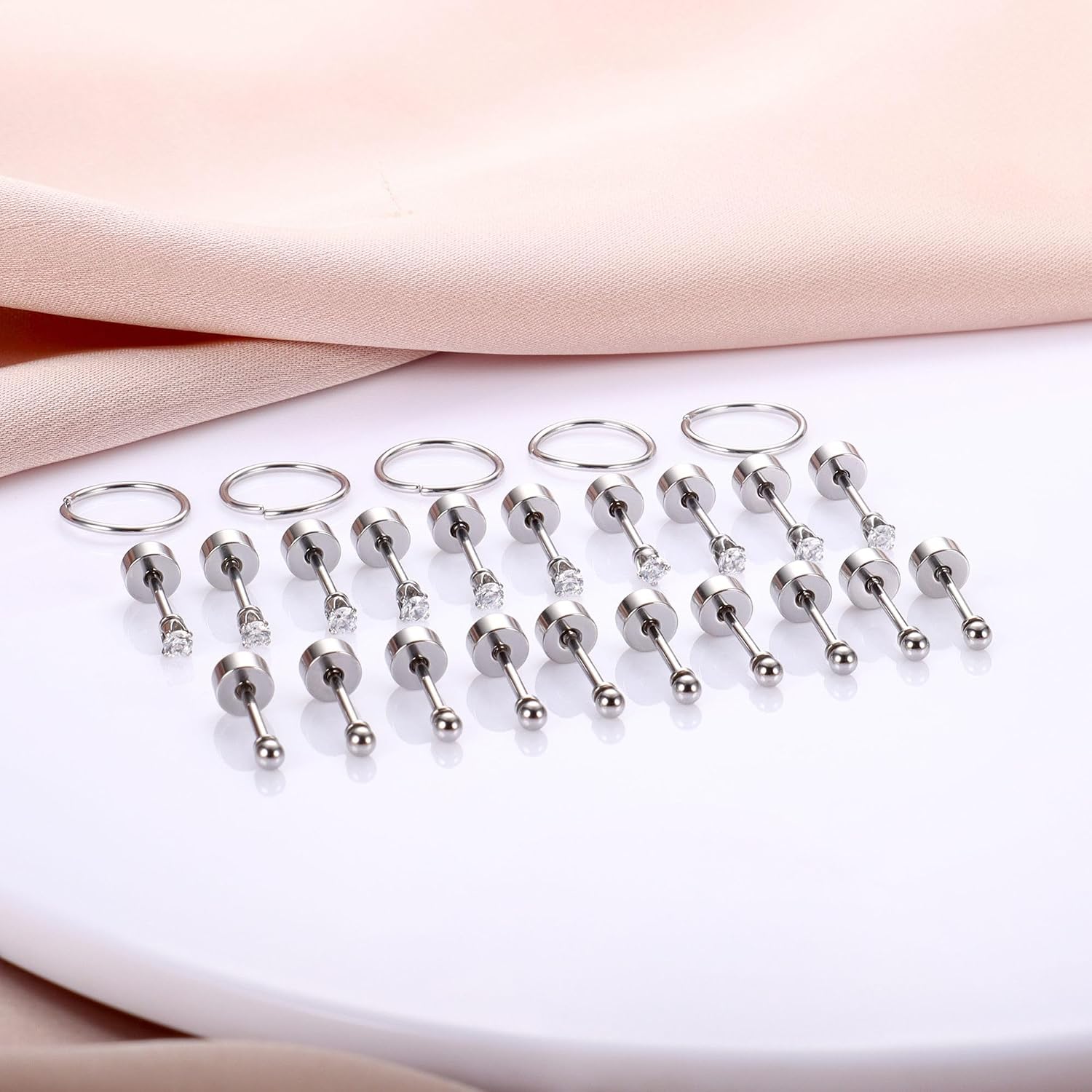 LOLIAS 15 Pairs Tiny Surgical Steel Gold Stud Earrings, Comfortable Screw Back Flat Back Earrings with CZ Dot Ball Stones, 2mm, 20G