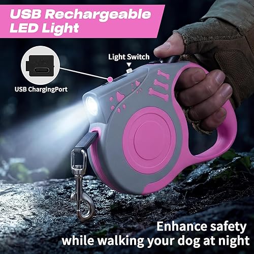 Miniatura 2 de Correa retráctil para perro con linterna recargable USB para paseos nocturnos, correa telescópica tractor automática de 16 pies para perros pequeños