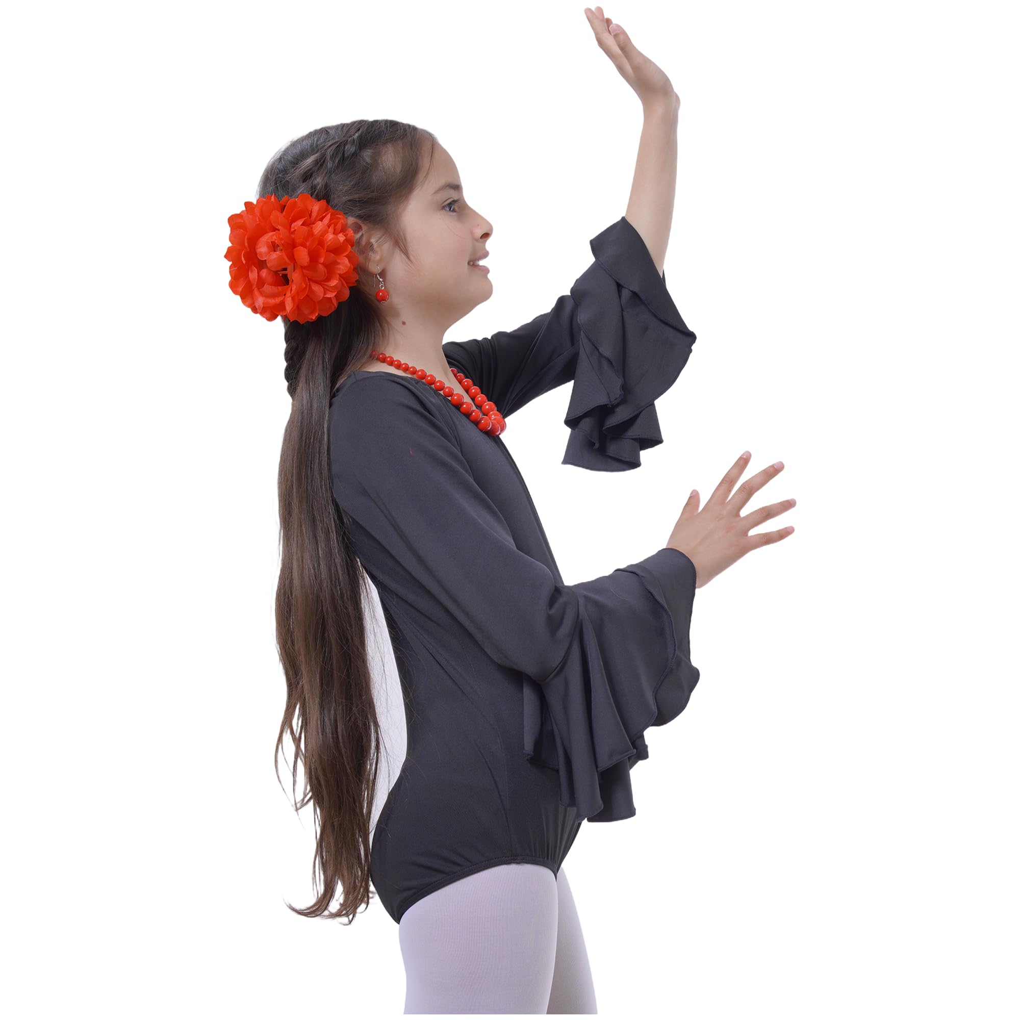 Carnavalife Body flamenco niña negro maillot danza manga larga con volante, leotardo ballet gimnasia, escote redondo, ribete rojo opcional — view 2