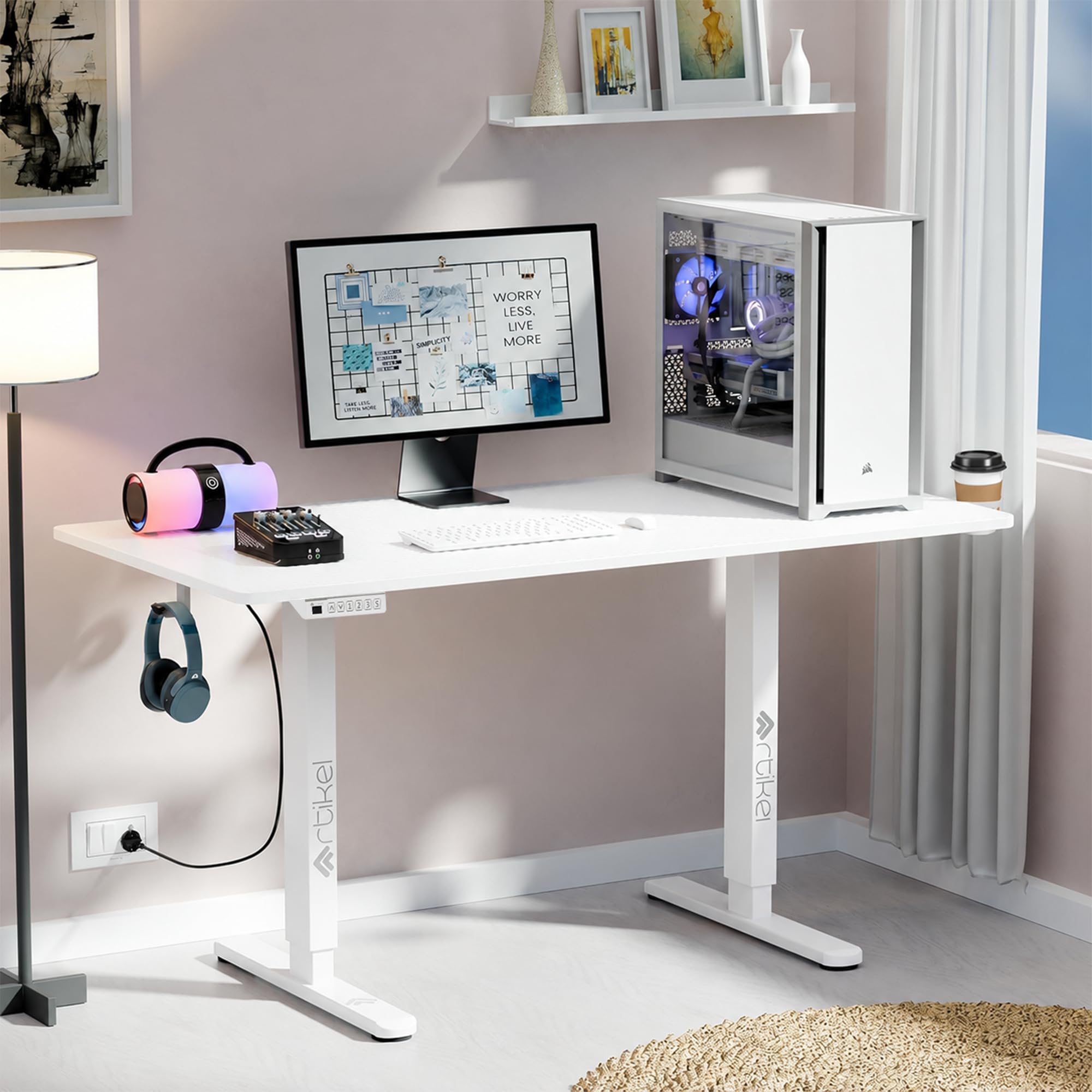 ARTIKEL Artidesk Eco Electric Height Adjustable Table for Office Work & Home-Sit Stand Gaming Desk 80kg Load, Cup Holder, 2 Hooks,Cable Organizer 2Split Tabletop (White, Eco - 120x60 CM)