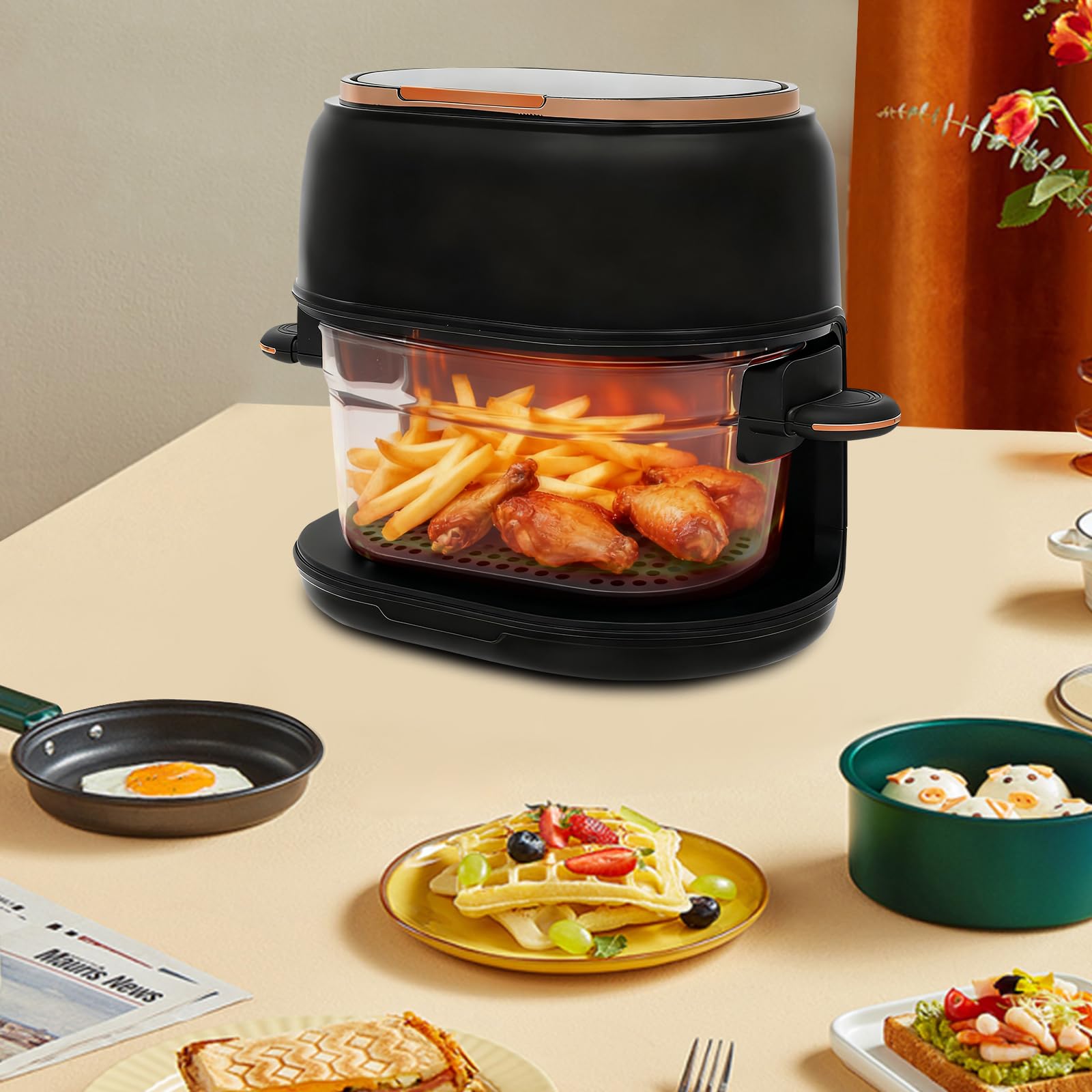 Freidora de aire caliente de 4 L con pantalla táctil y cesta de cristal visible, 1350 W, 220-240 V, 140-374 F, temporizador de 24 horas, freidora de aire caliente multifuncional para familia, patatas