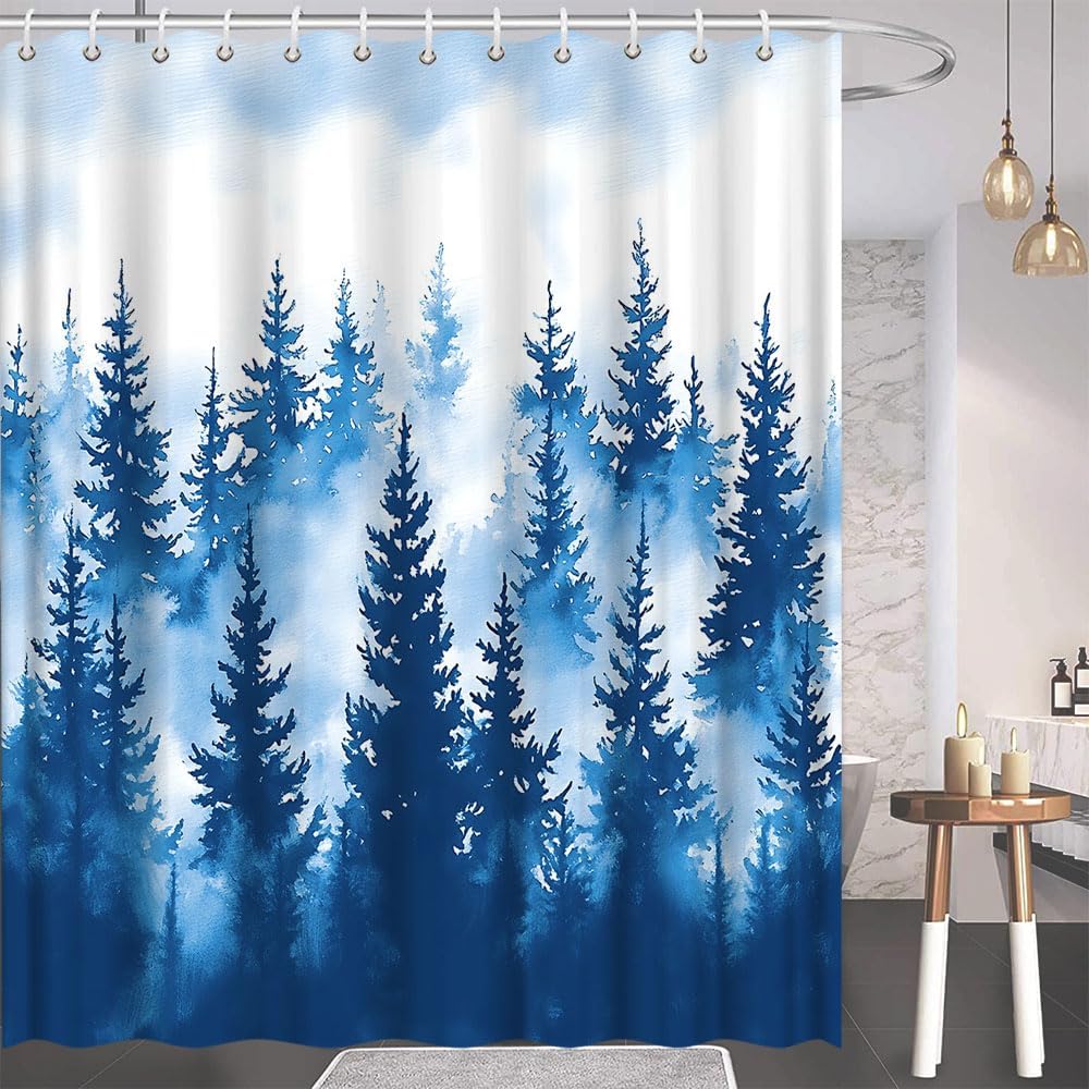 Misty Forest Blue Shower Curtain Ombre Abstract Foggy Jungle Mountain Rustic Mysterious Nature Scenery Landscape Bathroom Polyester Curtains Set with Hooks 70x84 Inch