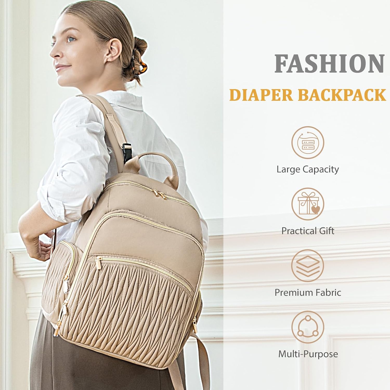 Miss Fong Diaper Bag Backpack - Quilted Travel Baby Bag with Changing Pad, 16 Pockets, Waterproof, Large Capacity - Mommy Backpack for Baby Shower Gifts (Khaki) - Image 6