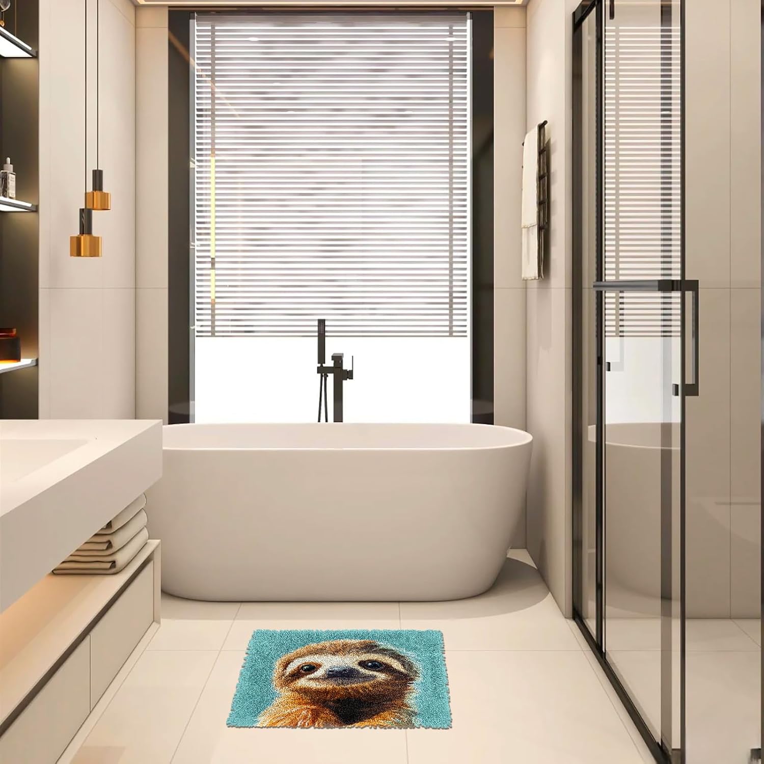 Generic DIY Latch Hook Rug Kit Cartoon Cute Sloth Stamped Non-Slip Mat Crochet Yarn Hook and Latch Embroidery Tapestry for Home Floor Decoration and Pet Warm Cushion 52x38cm(2)