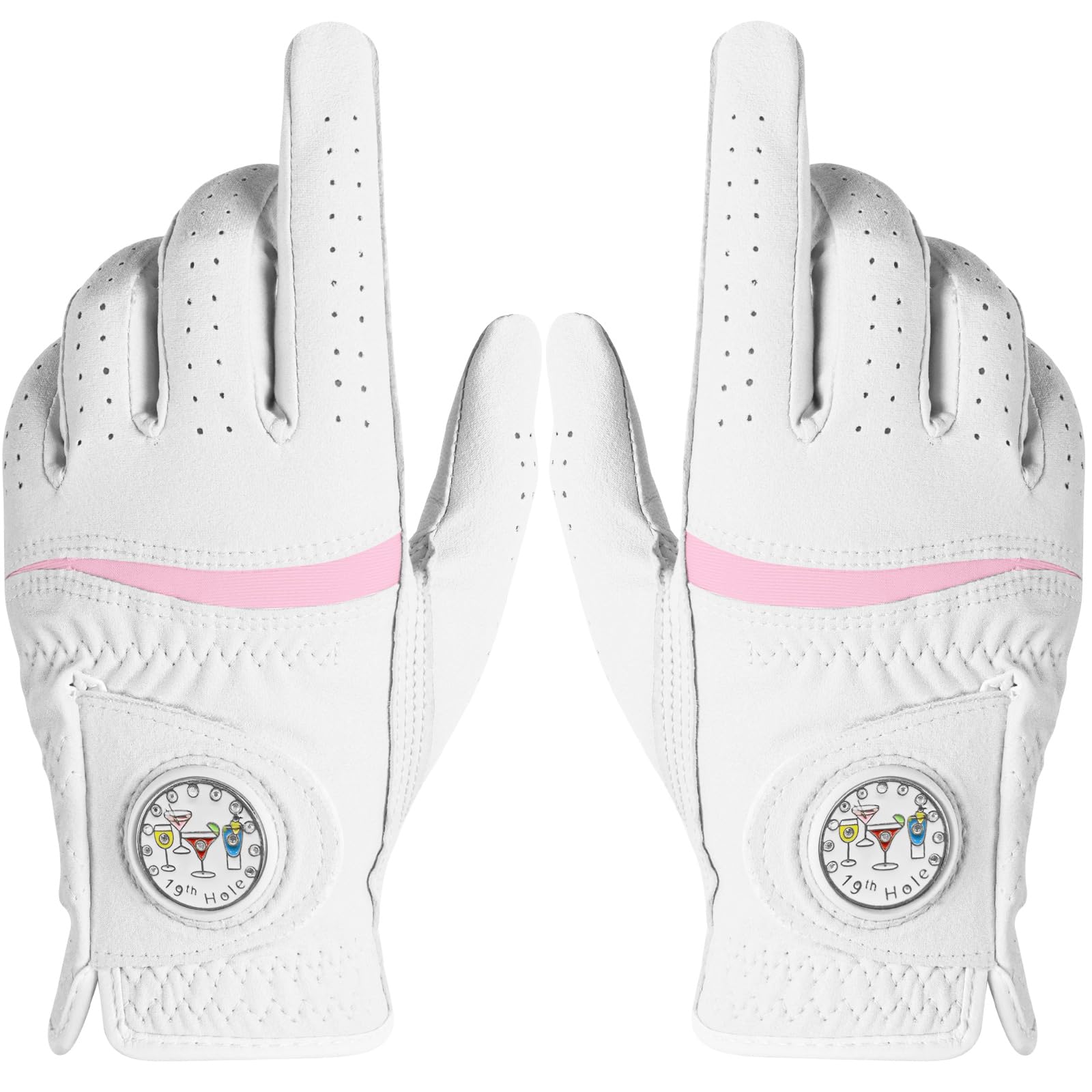 AXKAL Premium Comfortable Women's Golf Gloves with Ball Marker 2 Pack, All Weather Grip Soft Glove for Left Right Handed Golfers, Regular Breathable Fit Gift for Ladys (White, S, 1 Pair)