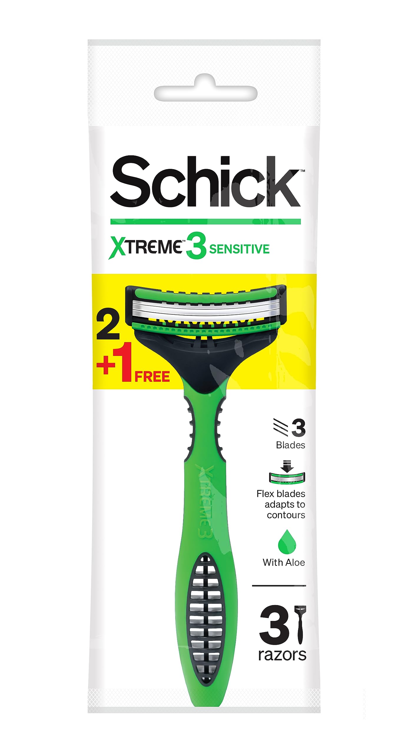 Xtreme3 Sensitive Tripple Blade Disposable Razor For Men-Strip Enriched With Aloe Vera-Close & Comfortable Shave-No Irritation-Flexible Head-No-Slip Grip Handle-Easy Rinse- 2+1 Razors