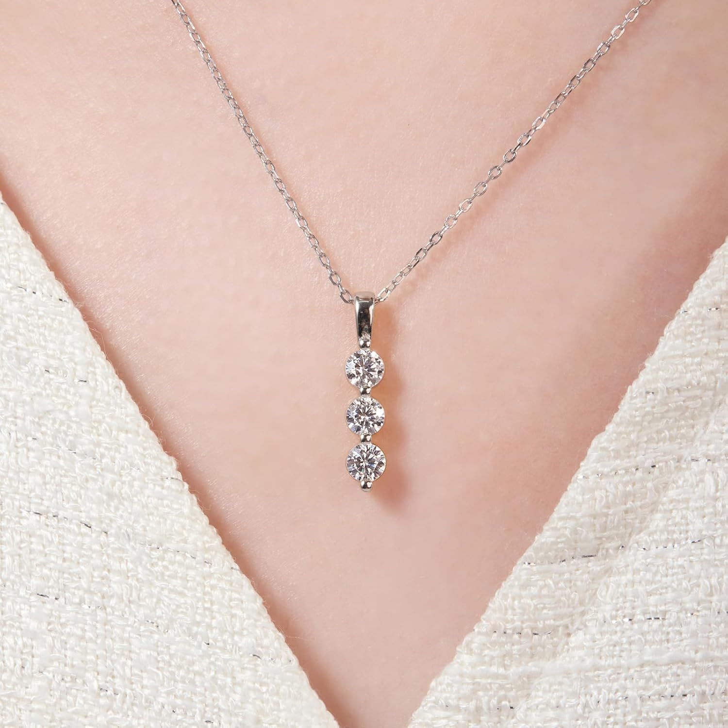 18K Gold Vermeil Moissanite Diamond 3 Stone Trilogy Luxury Necklace for Women, Hypoallergenic 925 Sterling Silver, Dainty Everyday Jewelry, Valentines Day Gifts for Her