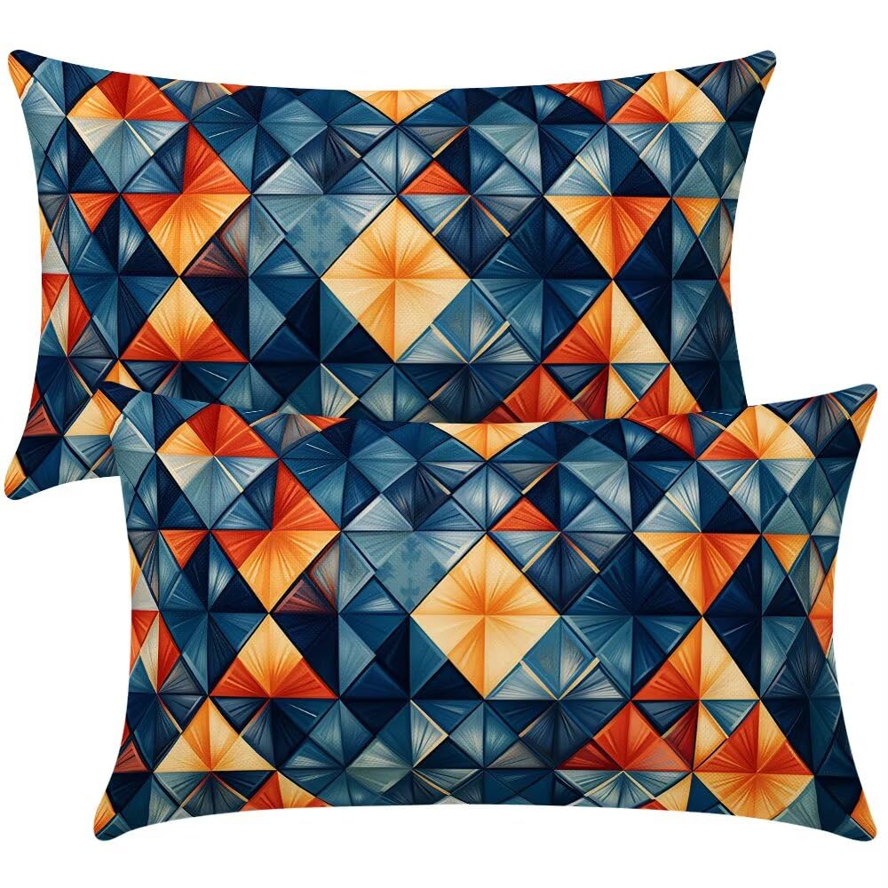 Cushion Covers 35cm x 55cm Blue Orange Cushion Cover 14 x 22 Inches Pack of 2 Throw Pillow Covers Geometric Sofa Cushions Polyester Linen Pillowcases for Couch Living Room Bedroom Home Decor -SC483