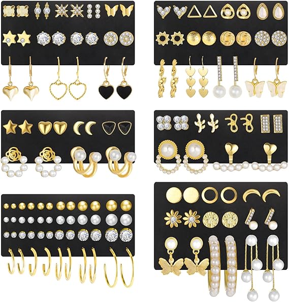 68 Pairs Gold Stud Earrings for Women Multipack, Hypoallergenic Assorted Girls Earring Set Multiple Piercings,Cubic Zirconia Pearl Butterfly Stud Hoop Earring Pack