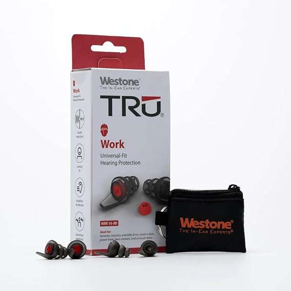 Westone TRU Work Earplugs Reusable Universal Fit 16 dB Earplugs for Work, Noise Reduction Hearing Protection with Red Filters Comfortable, Washable for Construction, Lawn & Power Tools