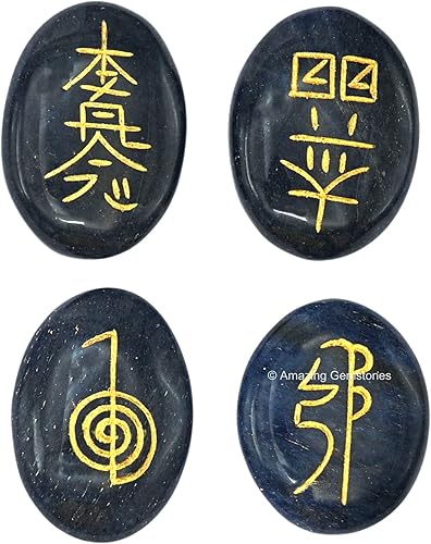 Miniatura 9 de Piedras de reiki de cristal de lapislázuli con símbolos grabados para curación Usui Reiki, juego de 4 piezas (juego de regalo de reiki hecho a mano