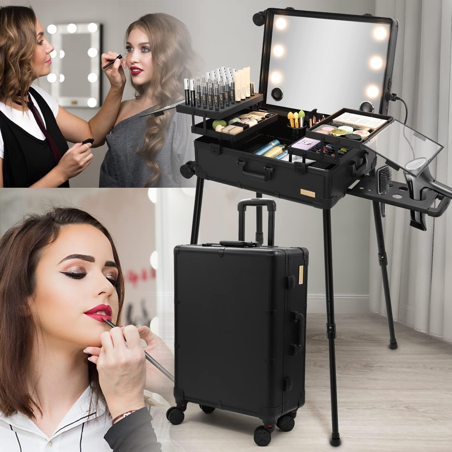 SHAMAX® Aluminum Professional Rolling Cosmetic Makeup Trolley Suitcase Train Case with Lighted Mirror LED Light Cosmetic Organizer Beauty Artist Trolley Studio (Black) 3