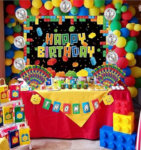 Miniatura 6 de Bloque de construcción para decoración de fiesta de cumpleaños para niños, kit de arco de globos de ladrillo para fiesta de cumpleaños, mantel de