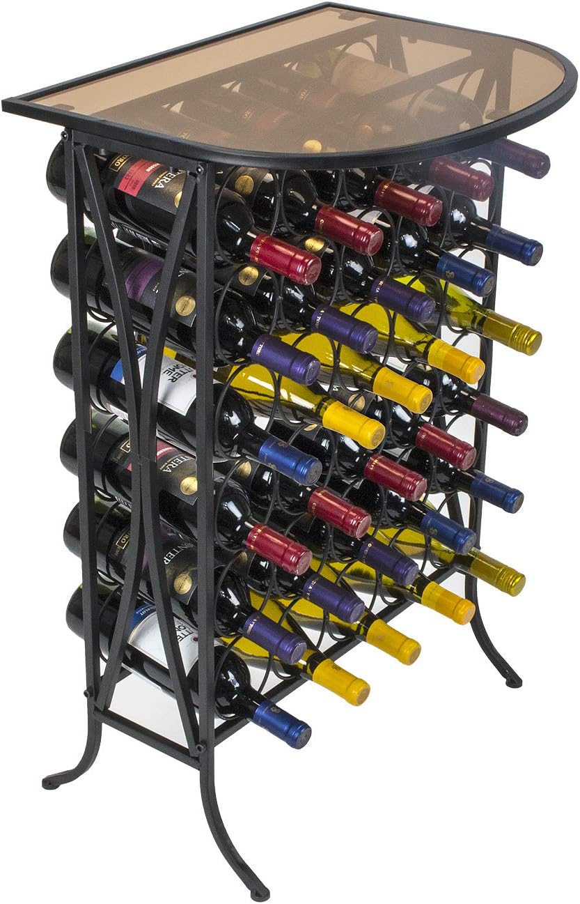 Black Metal Wine Rack Stand with Glass Tabletop for 30 Bottles