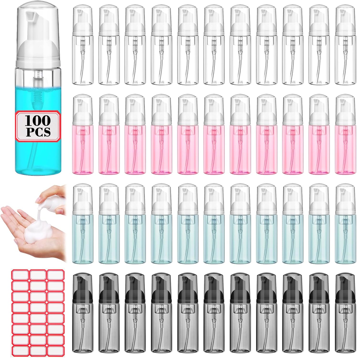 AMORIX 100 Pcs 2 oz Plastic Foam Pump Bottle Refillable 60ml Travel Mousse Foaming Soap Dispenser Mini Eyelash Cleaning Foam Bottle Dispenser for Face Wash Lash Shampoo Skin Care