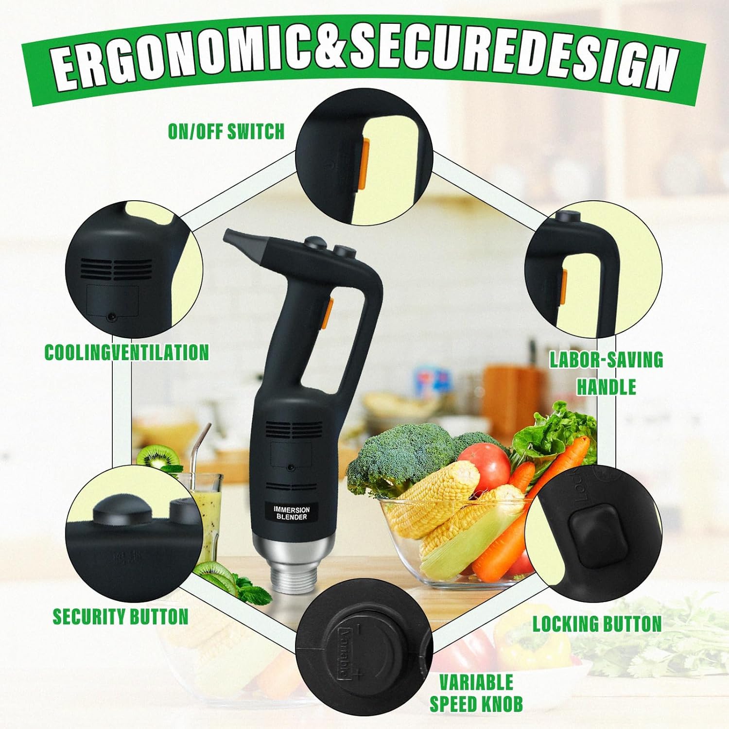 Licuadora de inmersión eléctrica de mano de 16 pulgadas 500 W con velocidad ajustable acero inoxidable grado alimenticio eje para cocina doméstica comercial 7