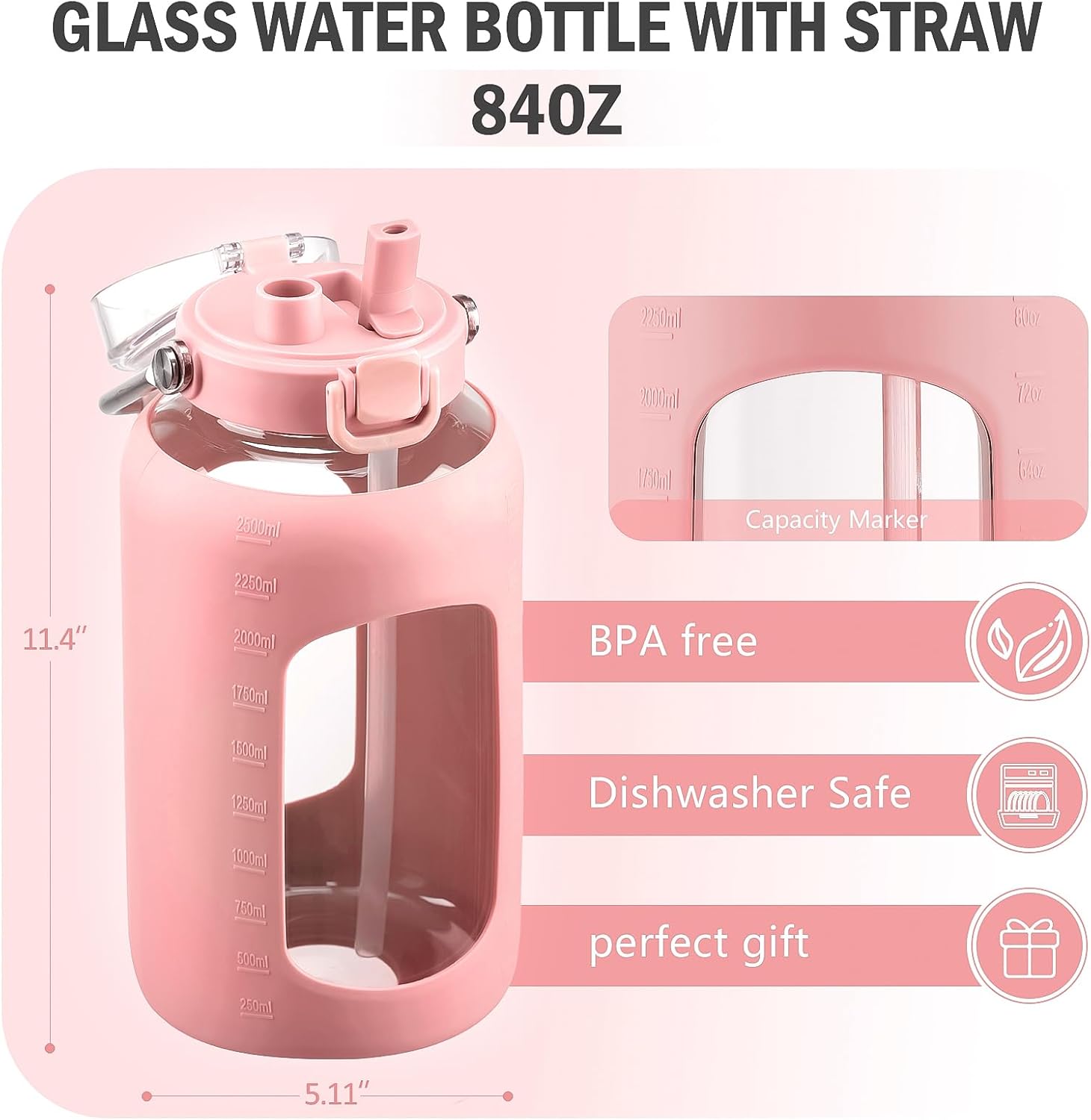 BLUEGO 84oz Water Bottle Glass with Stainless Steel Handle Large 2.5l Water Bottle with Time Markers and Silicone Sleeve Half Gallon Water Jug BPA Free for Gym Daily Use, Pink - Image 2