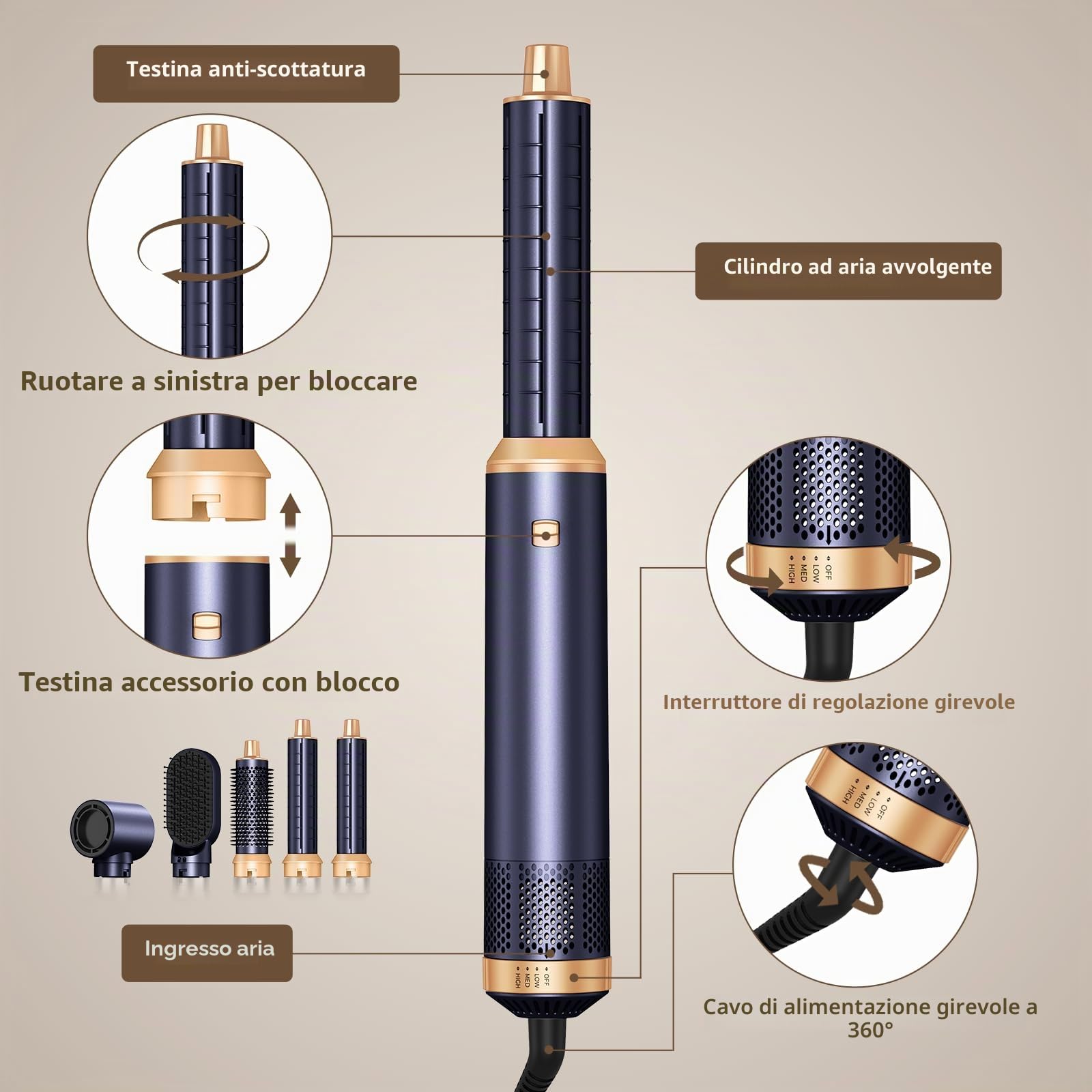 UKLISS Spazzola Asciugacapelli & Hair Styler 5 in 1, Airstyler con Arricciacapelli Automatico, Hair Dryer, Spazzola ad Aria Calda, Spazzola Lisciante Capelli per Ricci, Volumizzante, Lisciante - Blu