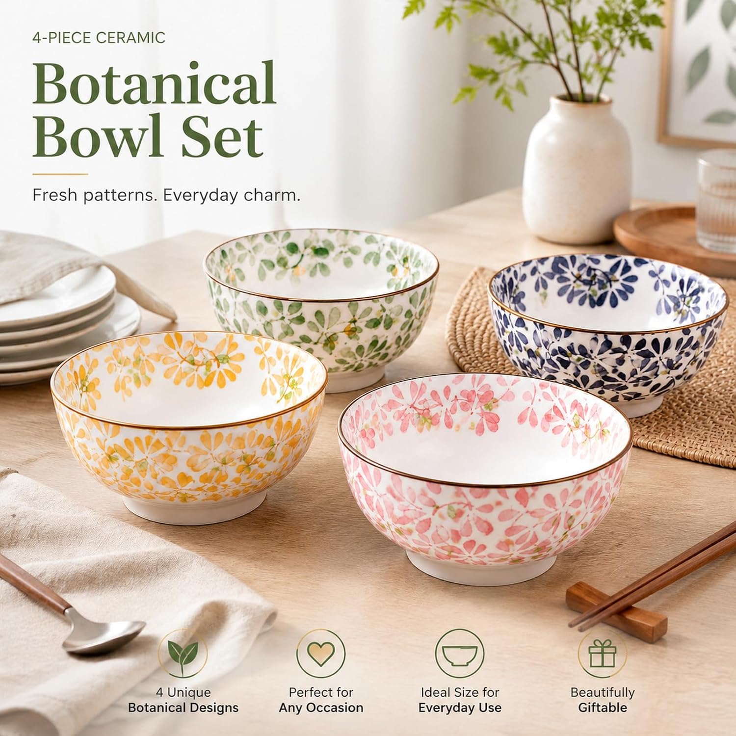 4-Piece Set of Ceramic Rice Bowls, Cute Floral Porcelain Snack Bowls for Salads, Desserts, and Everyday Meals (4.41 x 4.41 x 2.28 Inches)